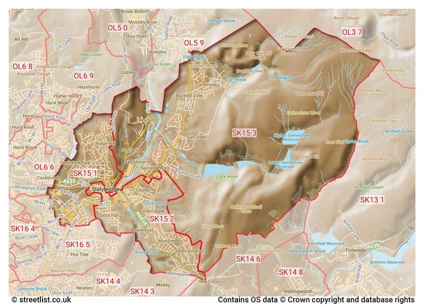 map showing postcode sectors within the SK15 district