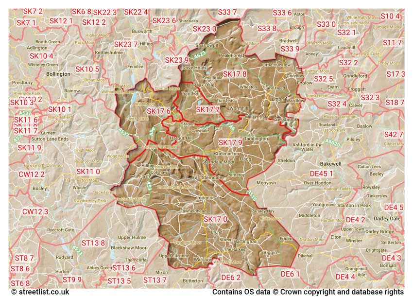 map showing postcode sectors within the SK17 district