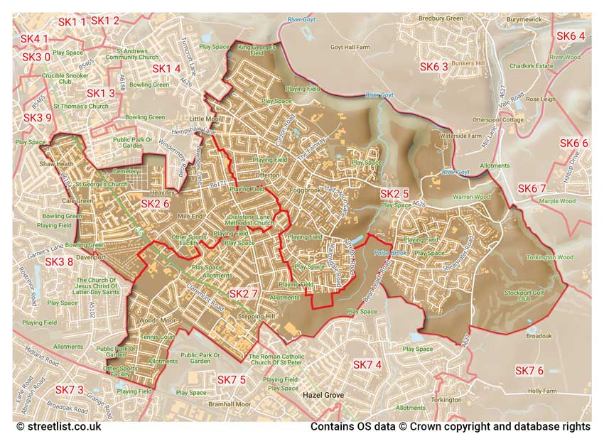 map showing postcode sectors within the SK2 district