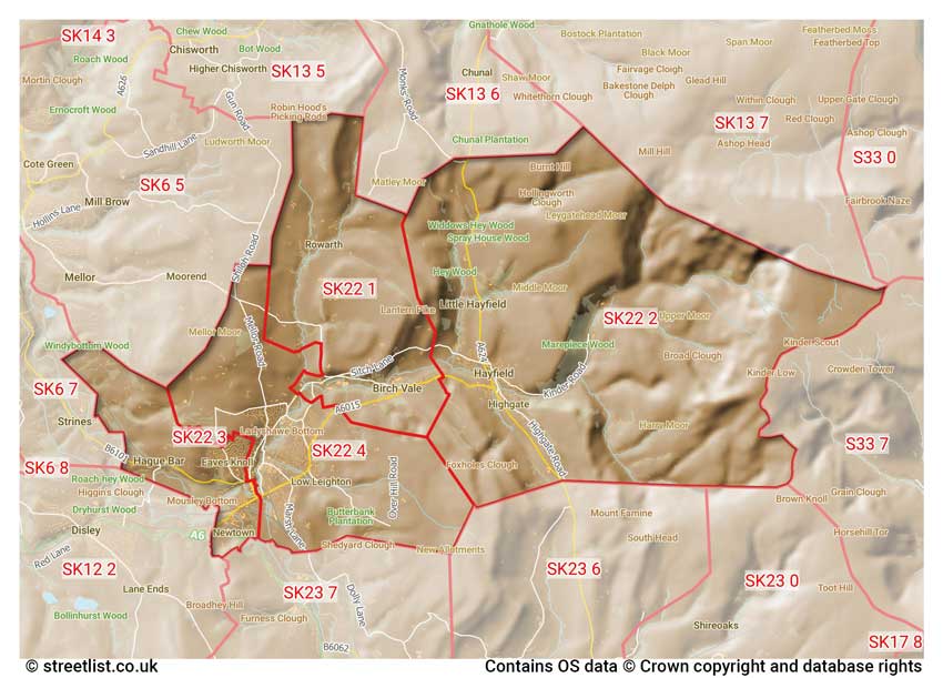 map showing postcode sectors within the SK22 district