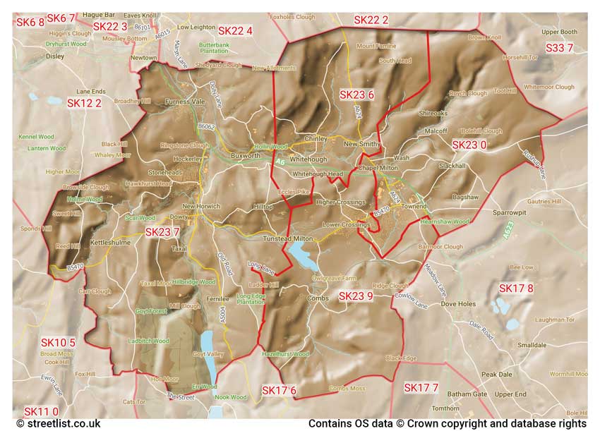 map showing postcode sectors within the SK23 district