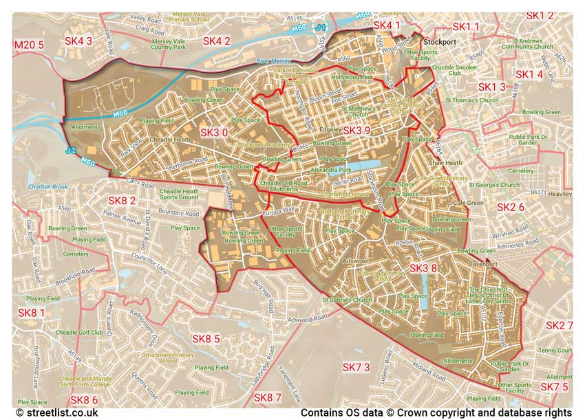 map showing postcode sectors within the SK3 district