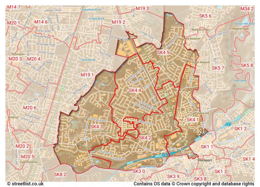 map showing postcode sectors within the SK4 district