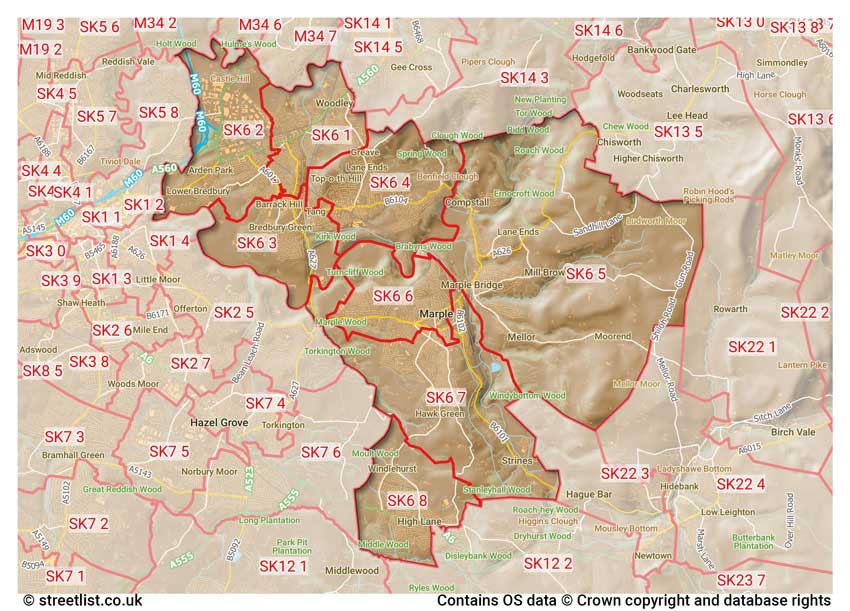 map showing postcode sectors within the SK6 district