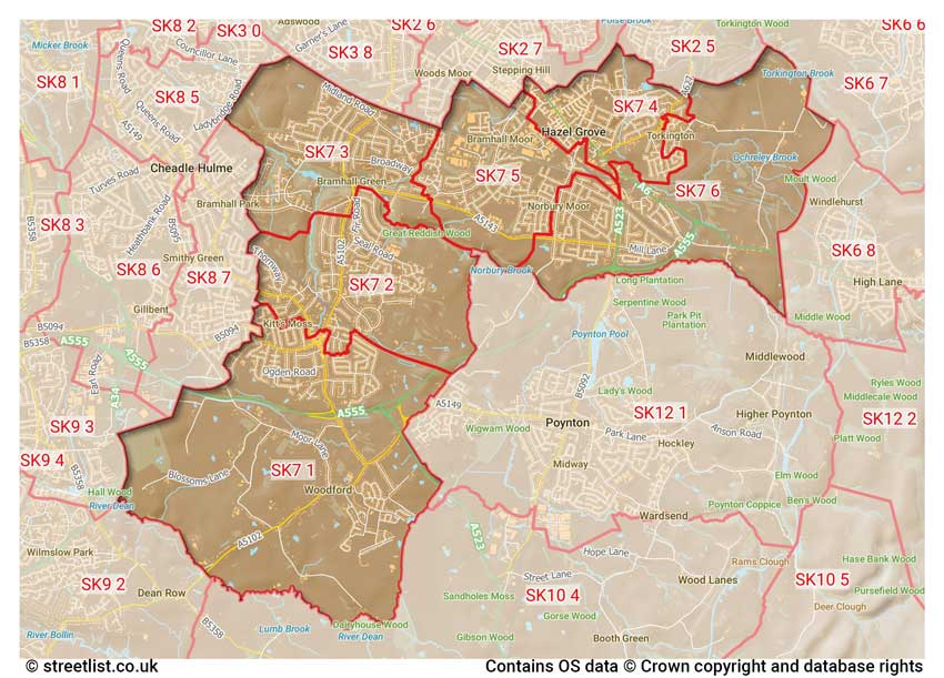 map showing postcode sectors within the SK7 district