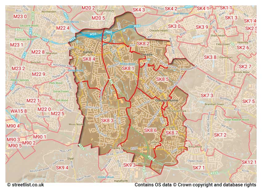 map showing postcode sectors within the SK8 district