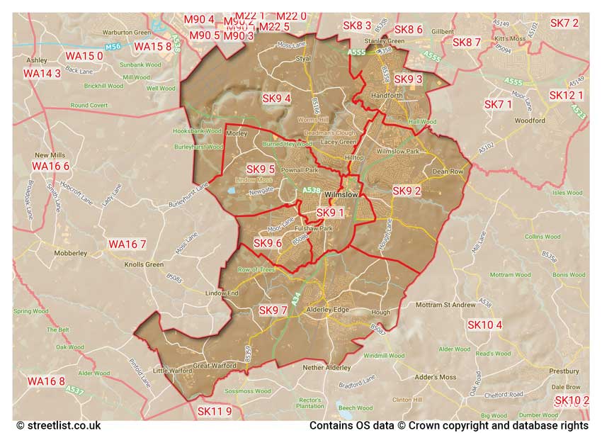 map showing postcode sectors within the SK9 district