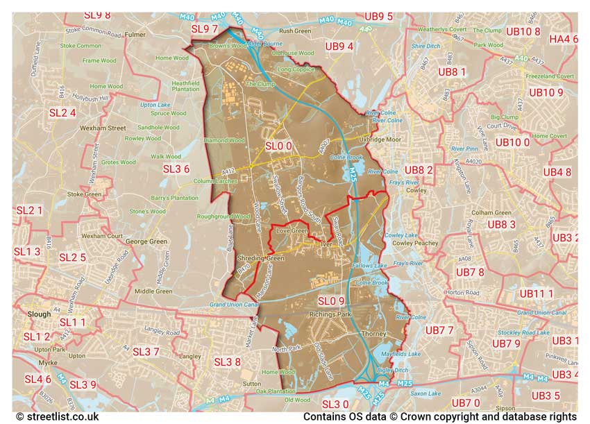 map showing postcode sectors within the SL0 district