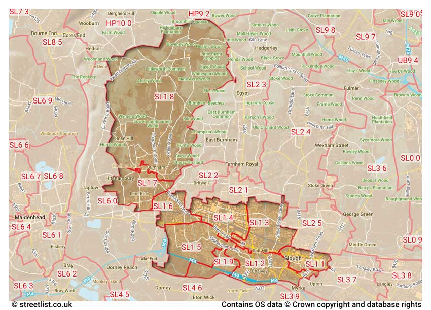 map showing postcode sectors within the SL1 district