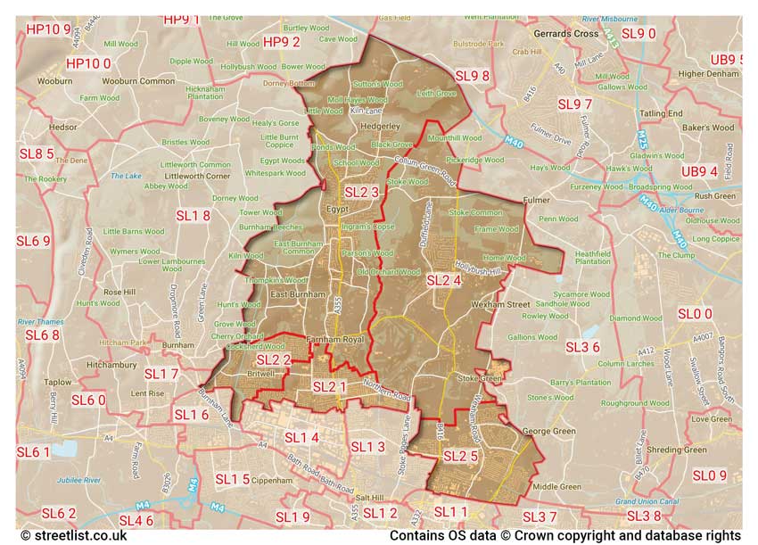 map showing postcode sectors within the SL2 district