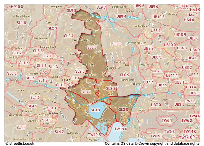 map showing postcode sectors within the SL3 district