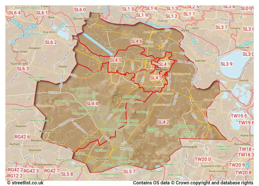 map showing postcode sectors within the SL4 district