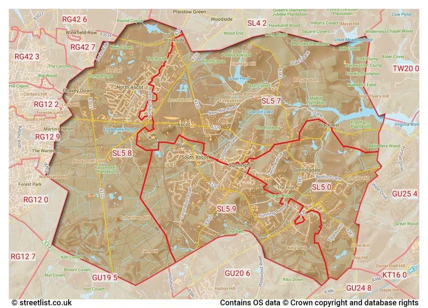 map showing postcode sectors within the SL5 district