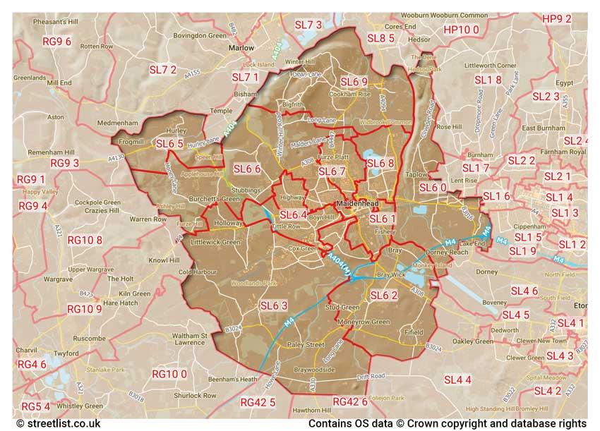 map showing postcode sectors within the SL6 district