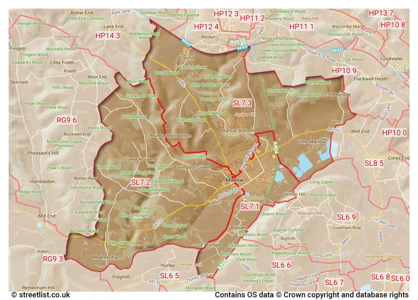 map showing postcode sectors within the SL7 district