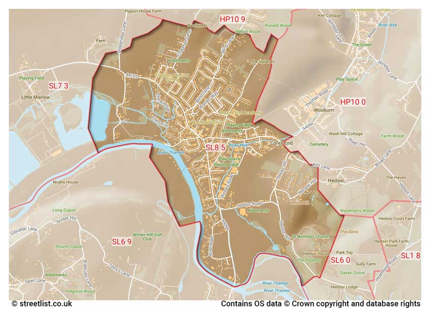 map showing postcode sectors within the SL8 district