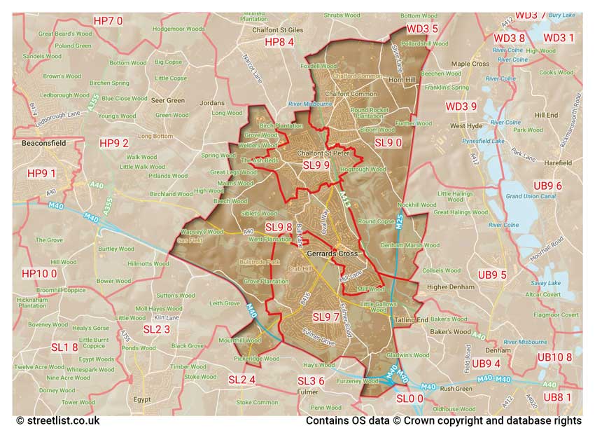 map showing postcode sectors within the SL9 district