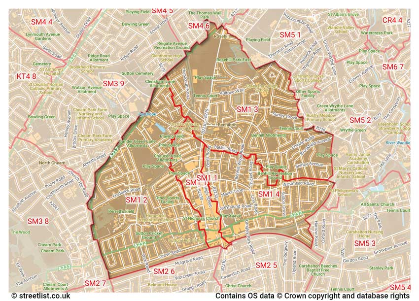 map showing postcode sectors within the SM1 district