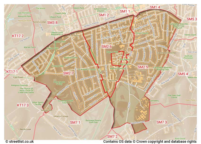 map showing postcode sectors within the SM2 district