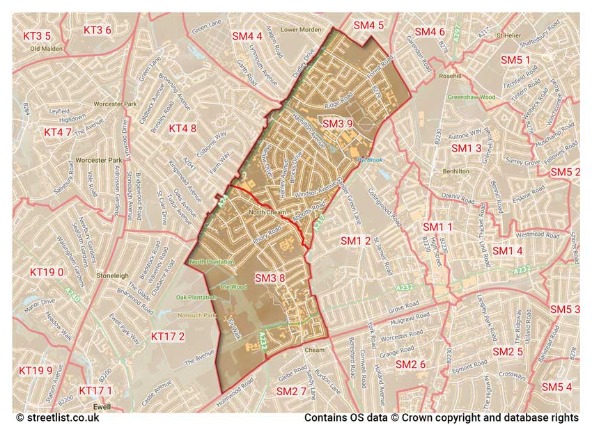 map showing postcode sectors within the SM3 district