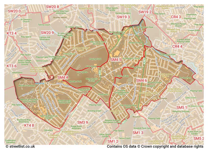 map showing postcode sectors within the SM4 district