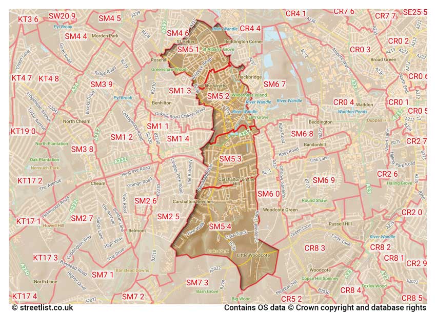 map showing postcode sectors within the SM5 district