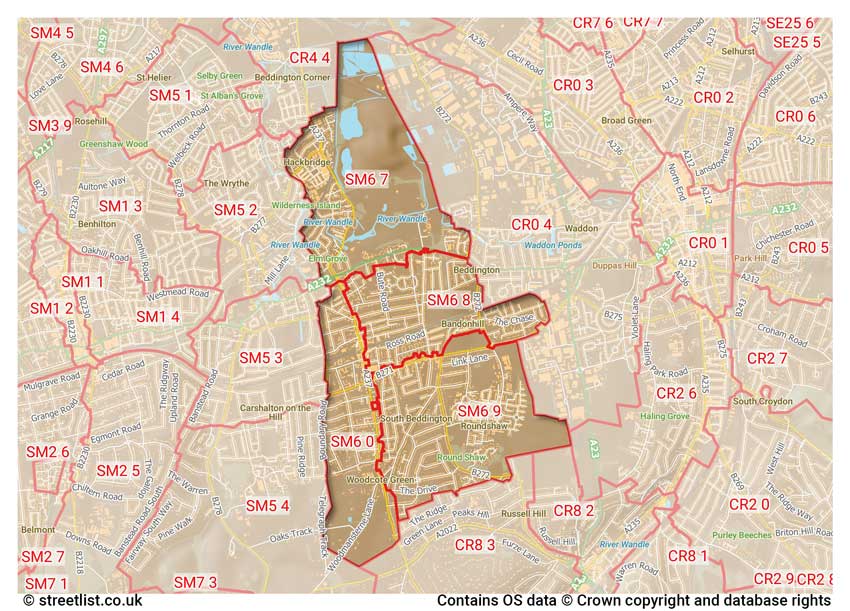 map showing postcode sectors within the SM6 district