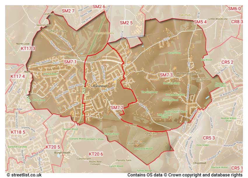 map showing postcode sectors within the SM7 district