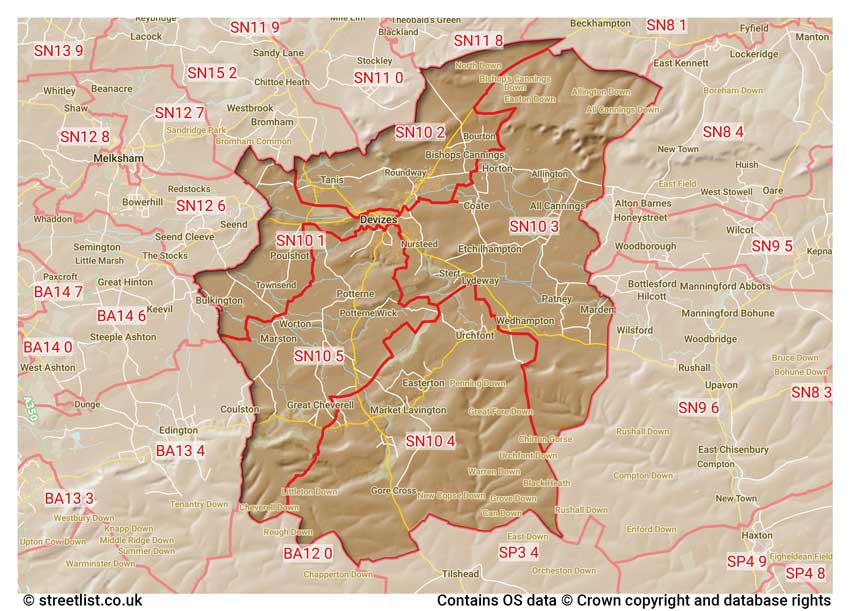 map showing postcode sectors within the SN10 district