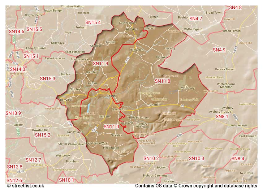 map showing postcode sectors within the SN11 district