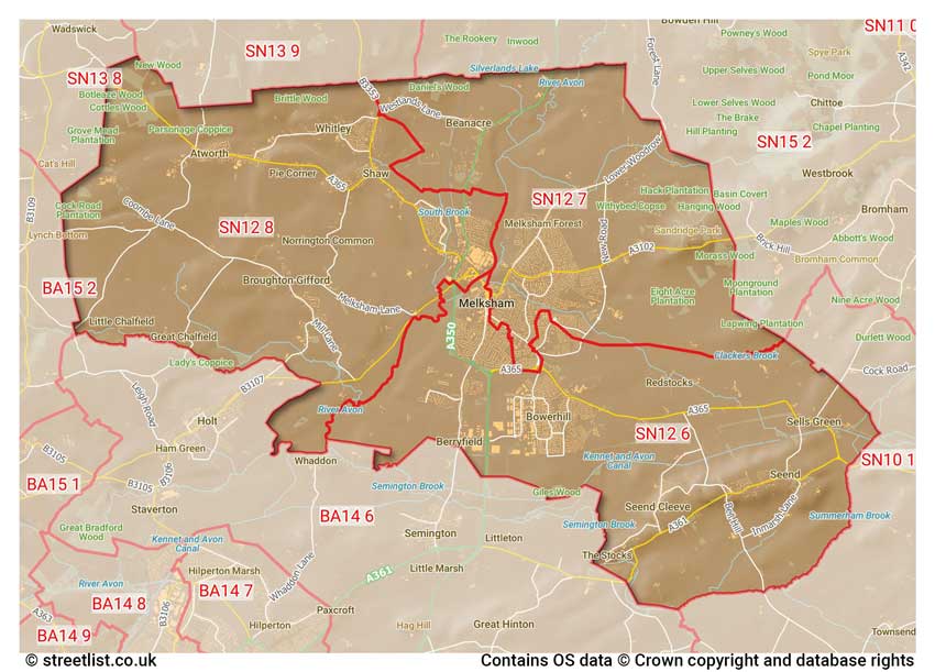 map showing postcode sectors within the SN12 district