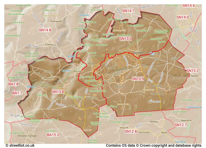 map showing postcode sectors within the SN13 district