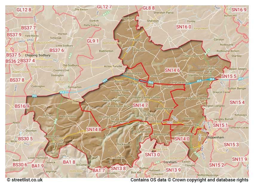 map showing postcode sectors within the SN14 district