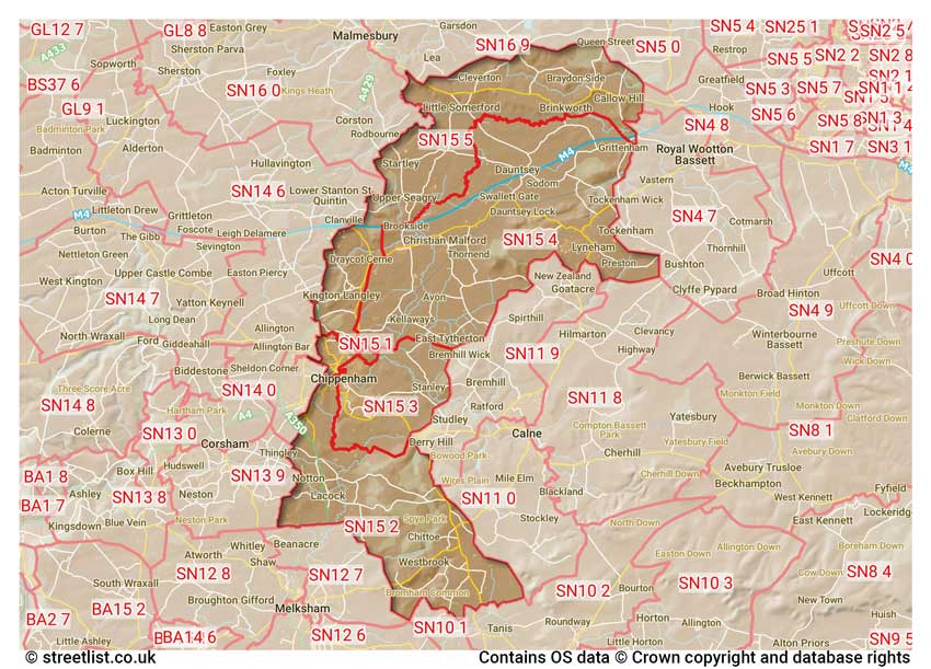 map showing postcode sectors within the SN15 district