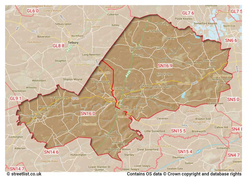 map showing postcode sectors within the SN16 district