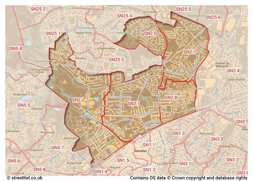 map showing postcode sectors within the SN2 district