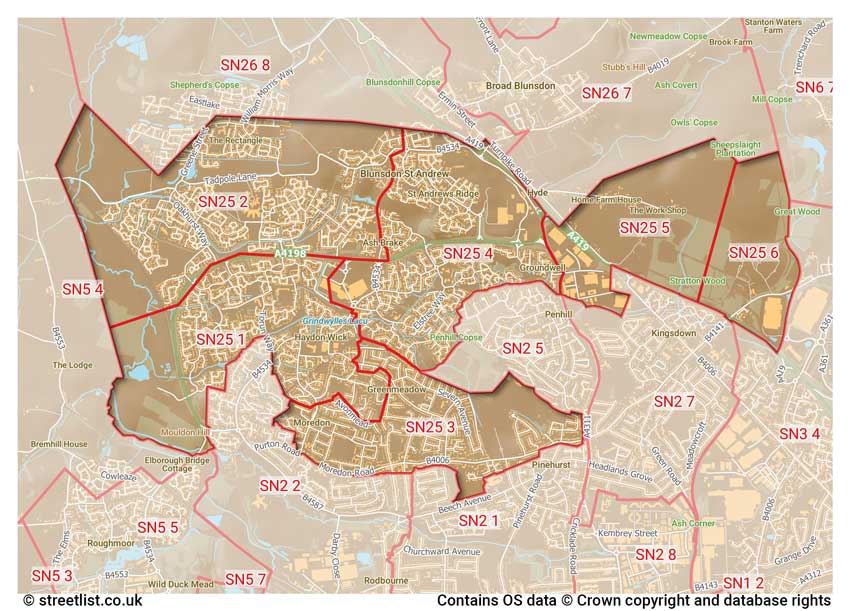 map showing postcode sectors within the SN25 district