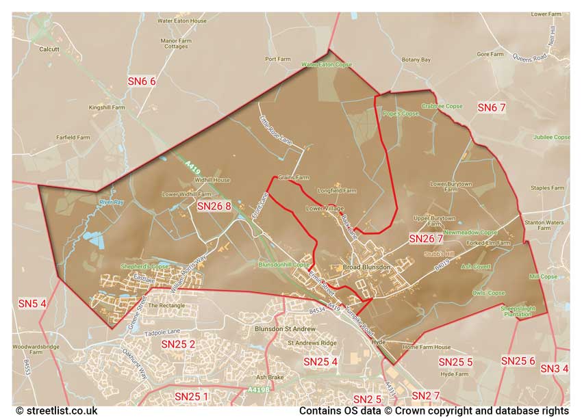 map showing postcode sectors within the SN26 district