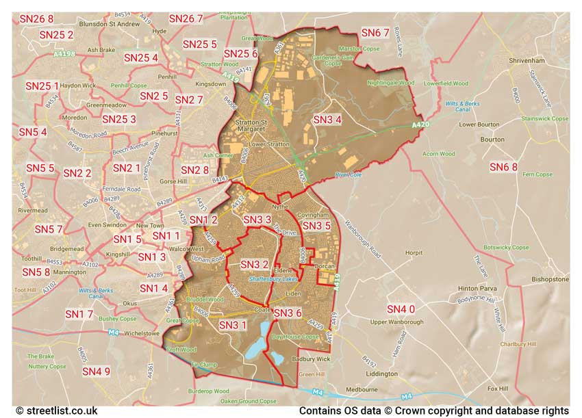 map showing postcode sectors within the SN3 district