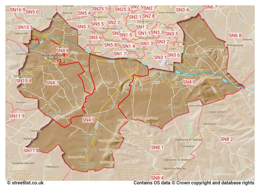 map showing postcode sectors within the SN4 district