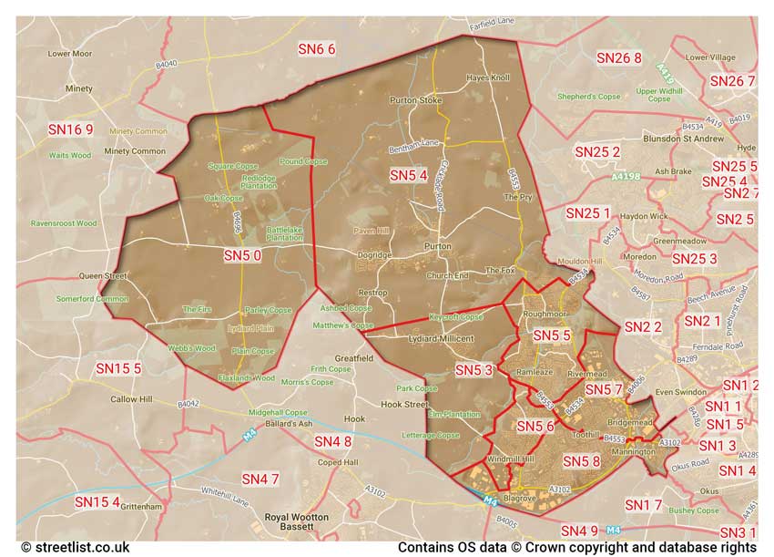 map showing postcode sectors within the SN5 district