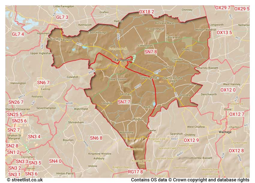 map showing postcode sectors within the SN7 district