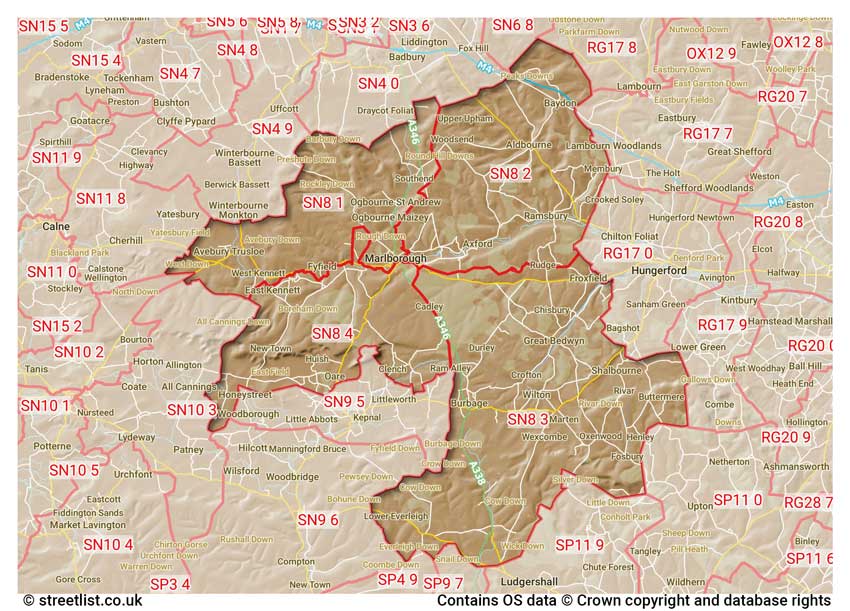 map showing postcode sectors within the SN8 district