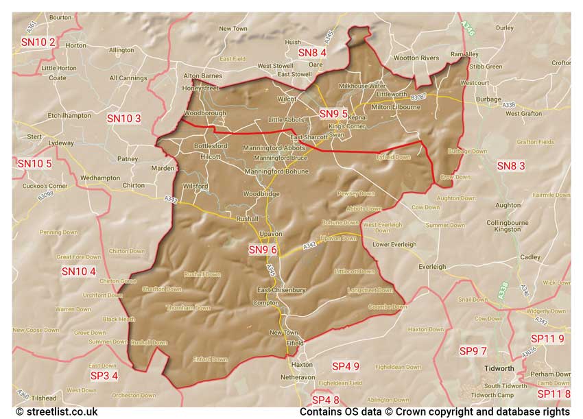 map showing postcode sectors within the SN9 district