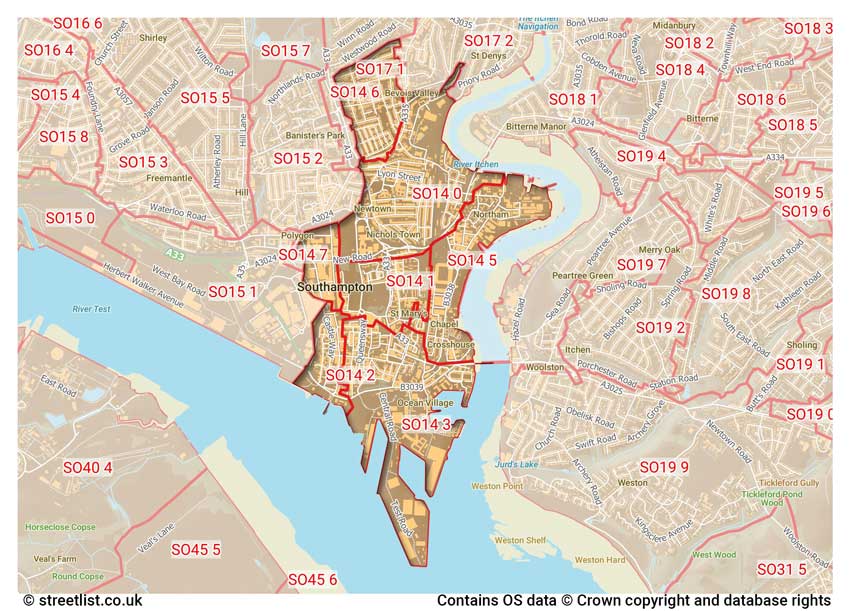 map showing postcode sectors within the SO14 district