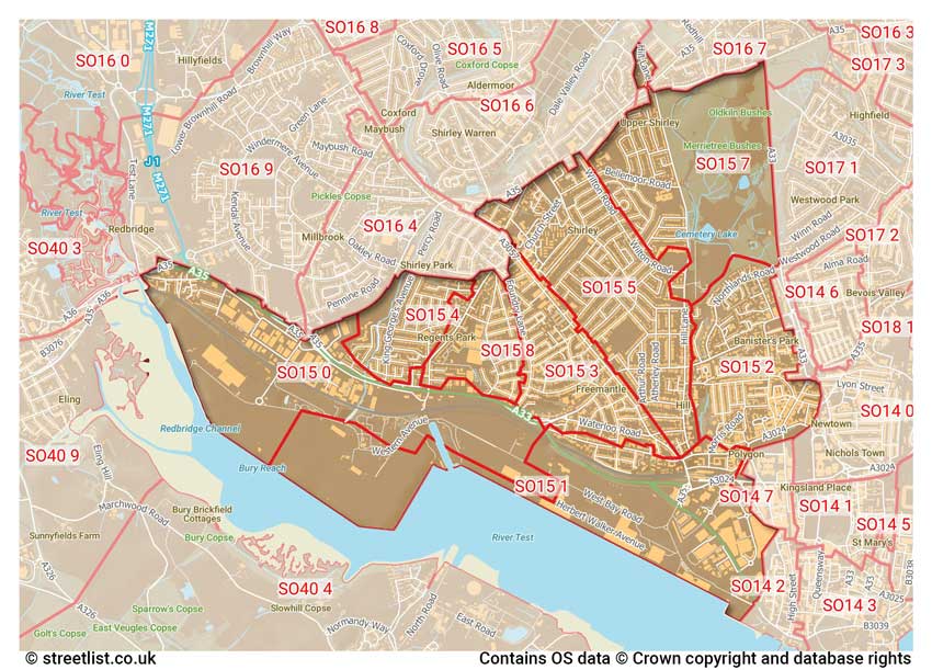 map showing postcode sectors within the SO15 district