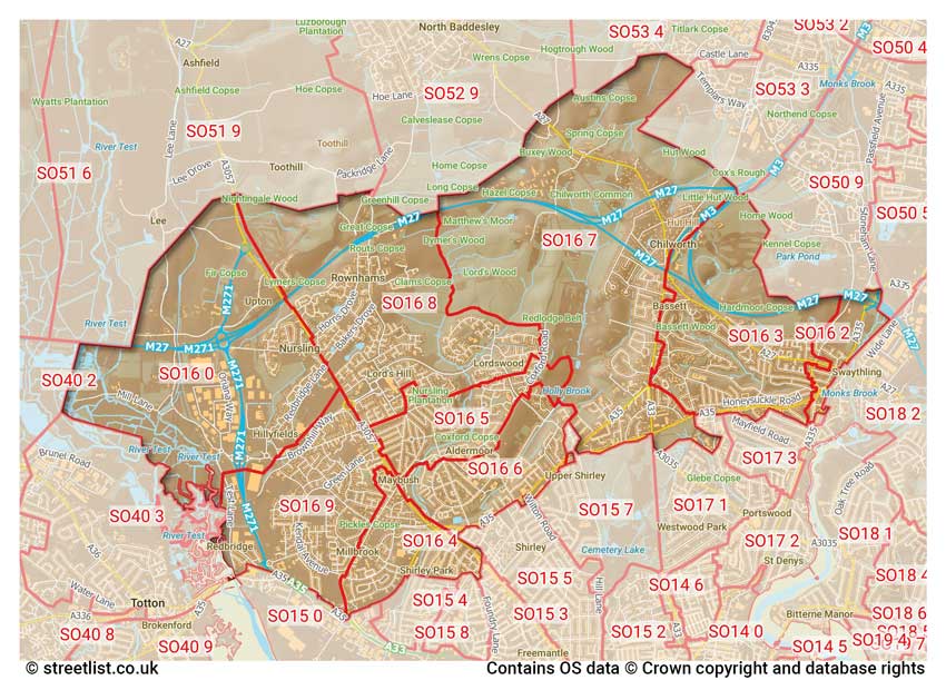 map showing postcode sectors within the SO16 district