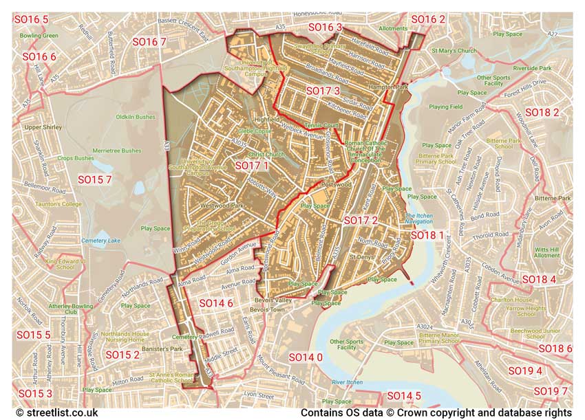 map showing postcode sectors within the SO17 district