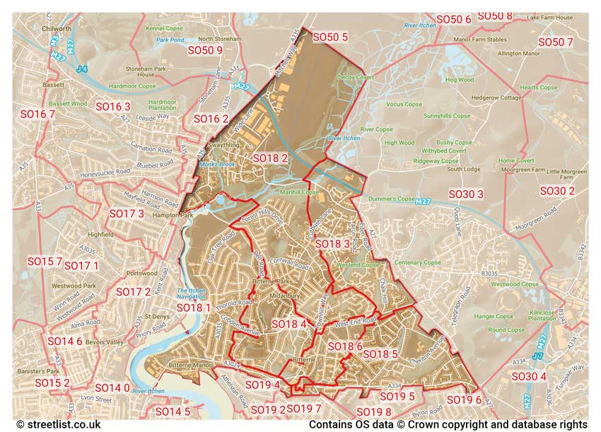 map showing postcode sectors within the SO18 district