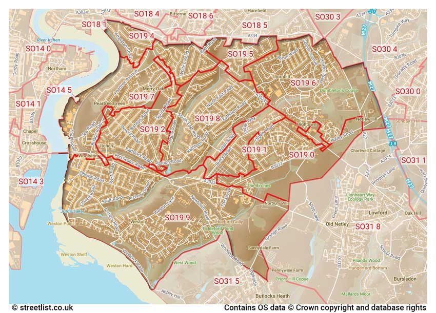 map showing postcode sectors within the SO19 district